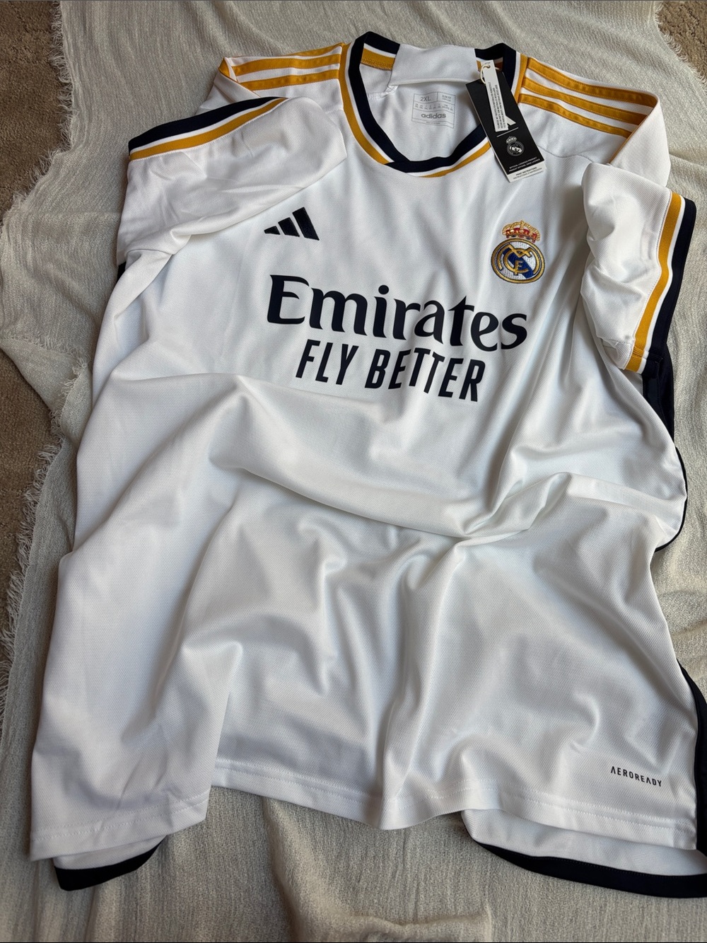 Adidas Real Madrid Mens White Jersey with Gold and Black Trim